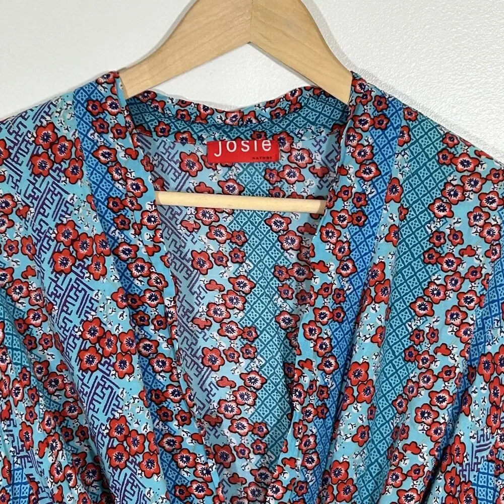 Josie Natori Kimono Robe Jacket Size Large Rayon Blue Floral Print Boho Hippie - Picture 3 of 11